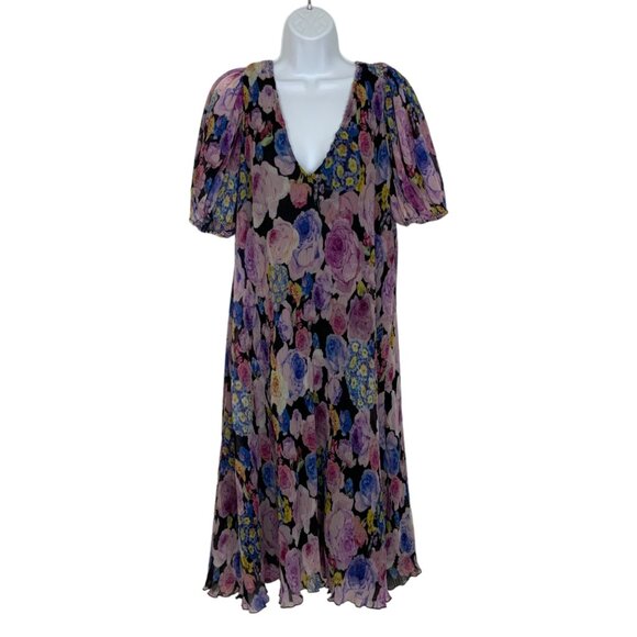 Ganni Floral Print Plisse Georgette Midi Dress 36 US/4 Puff Sleeve Summer Retro - Picture 1 of 12